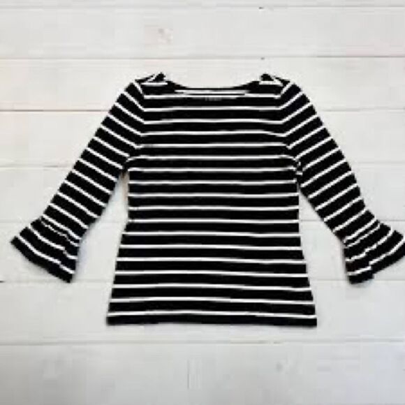 Kate Spade Broome Street Black & White Stripe Cotton Top 3/4 Sleeve with Ruffle. - Picture 3 of 8